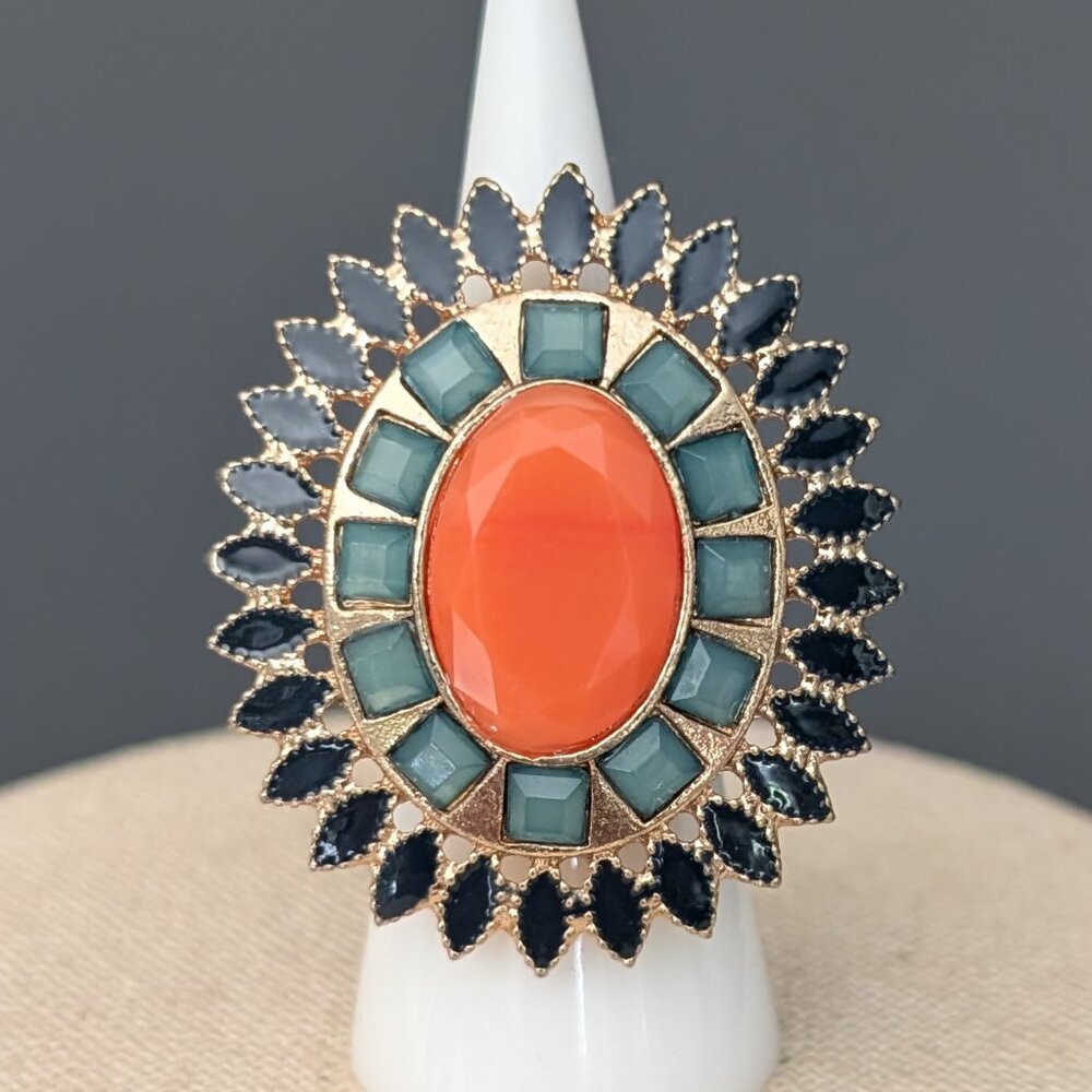 Oversized orange, teal and navy stretch ring